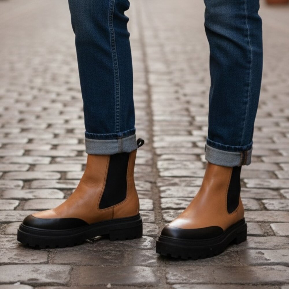 aqua mud guard block heel platform chelsea boots - wood/black NWOB-Sz. 7